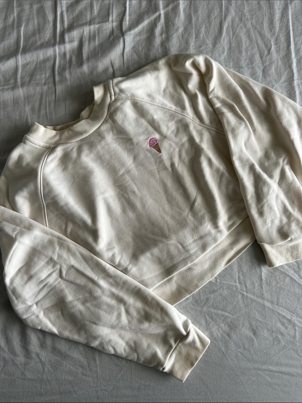 Sunday Best Cream Cropped Sweatshirt with Pink Ice Cream Embroidery